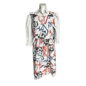 Vintage 80s Jenni Sport Dress Set 9/10 USA Abstract Print Artsy Secretary